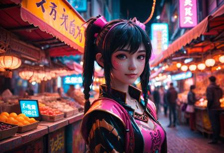 cinematic composition, (trickster waifu:1.2), playful smirk, anime aesthetic, (magical device:1.3), detailed design, intricate engravings, hidden in hand, (vibrant city backdrop:0.8), out of focus, neon lights, street vendor stalls, (dramatic lighting:1.2), (shallow depth of field:1.2)