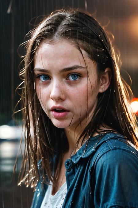 It's (raining heavily:1.4). Blair witch woods, worried girl, (scared, eyes wide, mouth open:1.1), (wet hair:1.4, Cinematic Shot, Movie Still, Film Still, Cinematic, Cinematic Shot, Cinematic Lighting. BREAK kyl13-001, brunette hair, blue eyes. fcHeatPortraitat