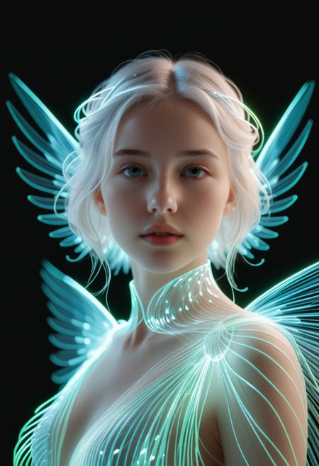 (tiny neon glass filaments,) pg: rating,
face focus, face closeup,
beautiful innocent woman, pale skin, fairy girl, white hair,swirling magical fairytale abstract, (wings attached to shoulders:1.1),  ArtStation style tiny neon glass filaments, made of, tiny neon glass filaments, w0gf1l