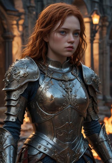 High resolution ultra-realistic of Beautiful Warrior Sadie Sink as Joan of Arc, 8k, capturing the intensity of the moment, cinematic lighting, standing on a bloody and stormy battlefield in bloody battle, wavy red hair, realistic dirty pale face, realistic blue eyes,  beautiful hourglass figure, burning in a medieval Town, intricately designed iron and silver armor, Dark Ages Aesthetic, perfect athletic figure, beautiful Warrior Joan of Arc, fire, ultra realistic, cinematic style, vigorous and seductive, athletic figure, dark fantasy, dramatic lighting, wet and sweaty skin, dirty skin, athletic figure, dark fantasy, dramatic lighting, Greg Rutkowski style,, Warrior Joan of Arc on in iron armor, hyper-detailed, hyper-realistic, bright colours, Attractive 21 old years girl, Attractive, beautiful firm Breasts, sharp focus, digital painting, Photograph Taken on Nikon D750, Alphonse Mucha, 8K, athletic figure, Hyperdetailed, hyperrealism, Attractive, Attractive bust girl, asymmetric balance