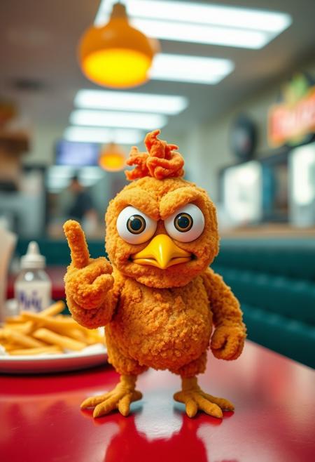Angry chicken nugget with large eyes standing on fastfood diner table showing middle finger, blurry diner background