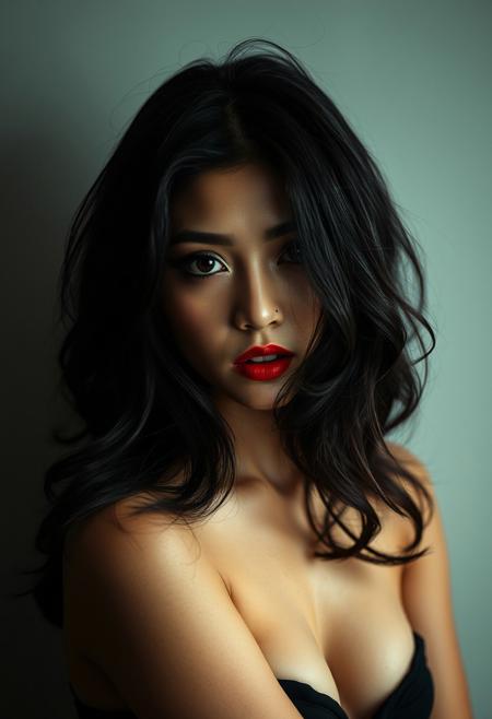 A seductive 25-year-old Vietnamese woman, captured in a close-up portrait. Her raven hair, styled in loose waves, frames a face of enigmatic beauty. Dark, smoky eyes, accentuated by dramatic winged eyeliner and a smoldering red lip, hold a mysterious allure. Her neck, delicate and alluring, is partially obscured by cascading locks. The photographer’s expert use of lighting and shadow creates a dramatic, almost cinematic atmosphere, emphasizing her raw sensuality and dangerous allure. Every curve, every glance, is a deliberate invitation to a world of desire.