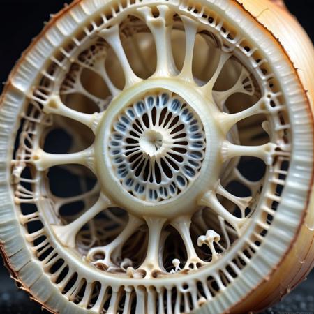 extreme close-up macro photography of a (cross-section of an onion:1.5), revealing its concentric layers transformed into delicate, bone-like structures, each layer a lattice of tiny, interconnected osseous rings, translucent and opalescent, dewdrops clinging to the edges like miniature crystal skulls, illuminated by a soft, diffused light from below, creating an ethereal glow, hyperrealistic, organic patterns, intricate details, ultra sharp, exquisite detail, flawless composition, subtle pastel color palette, masterpiece, bokeh background <lora:Bones_World_Morph:1> boneswm,
