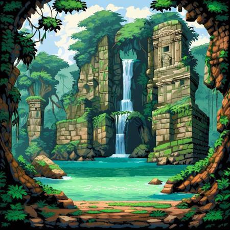 apxlz style, a majestic waterfall hidden deep in a jungle with ancient ruins