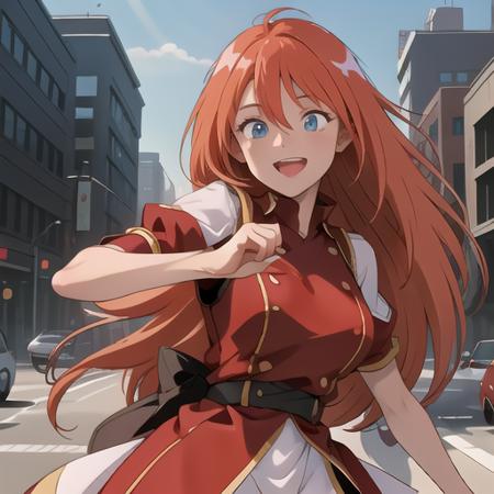 (masterpiece:1.4), high quality, high definition, sharp focus, detailed clothes, detailed body, detailed face, anime, best quality, 4k, 8k, absurd resolution, intricate detail, detailed hands, detailed eyes, animation, illustration, highly detailed, highres, extremely detailed, red hair, long hair, <lora:hyperdenoiser_v090:0.6>, (looking at viewer:1.6), blue eyes, smile,  <lora:perfetfingers:1>, OverallDetail, edgQuality, Earth-QualityPos, BodyPositive, Best_QualityPos, rushing out of burning city,screaming, Cowboy shot, 1girl, breasts, ah1, <lora:hyperrefiner_v090:0.6>,  <lora:Grandis_Granva:1>