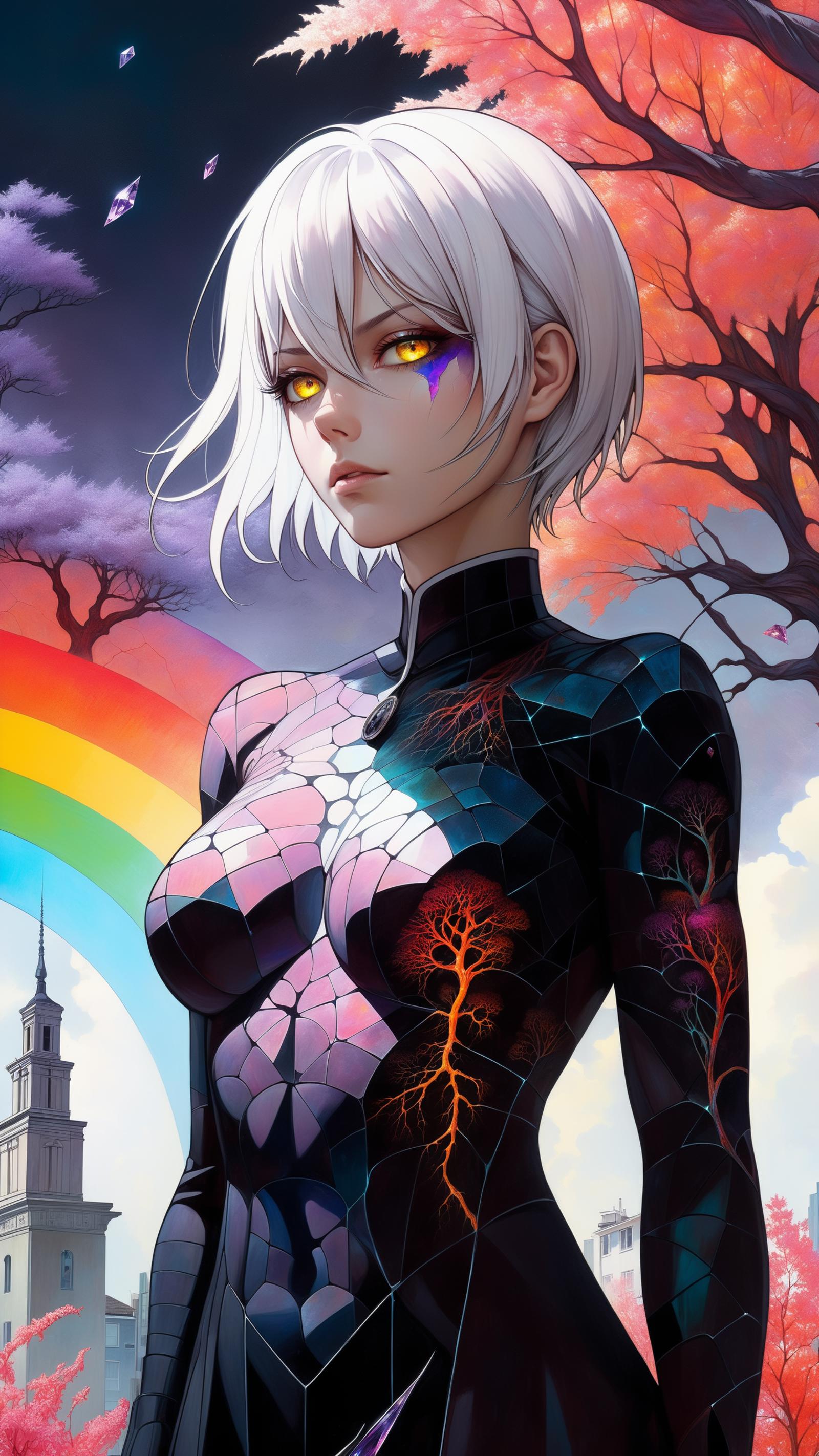 The image features a woman with white hair and purple eyes, dressed in a black and white outfit. She is standing in front of a rainbow, adding a vibrant touch to the scene. The woman is positioned under a tree, further enhancing the colorful and lively atmosphere of the image.