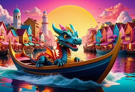 Hyperrealistic vibrant digital art. Close-up. In Space Dragons boat coming into port at sunset. Medium shot. Candy art style with bold brushstrokes and cute textures. Round, smiling dragon with shiny scales, colorful flowers in fiery hues and sugar-sweet pastel port buildings. Dynamic lighting with golden hour glow and sun reflection in rippling water. Best quality, 8K resolution, hyper-detailed, cheerful, whimsical, playful.