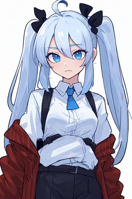 (best quality, masterpiece), 1girl, (female focus), ahoge, white blue hair, ((white shirt), (overfit shrit)), long hair, standing, twintails, white background