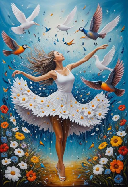 masterpiece, best quality, good quality, very aesthetic, absurdres, newest,1girl, surrealism, melting, oil painting, abstract, flowers, birds, summer, dancing in a flower, giant birds,