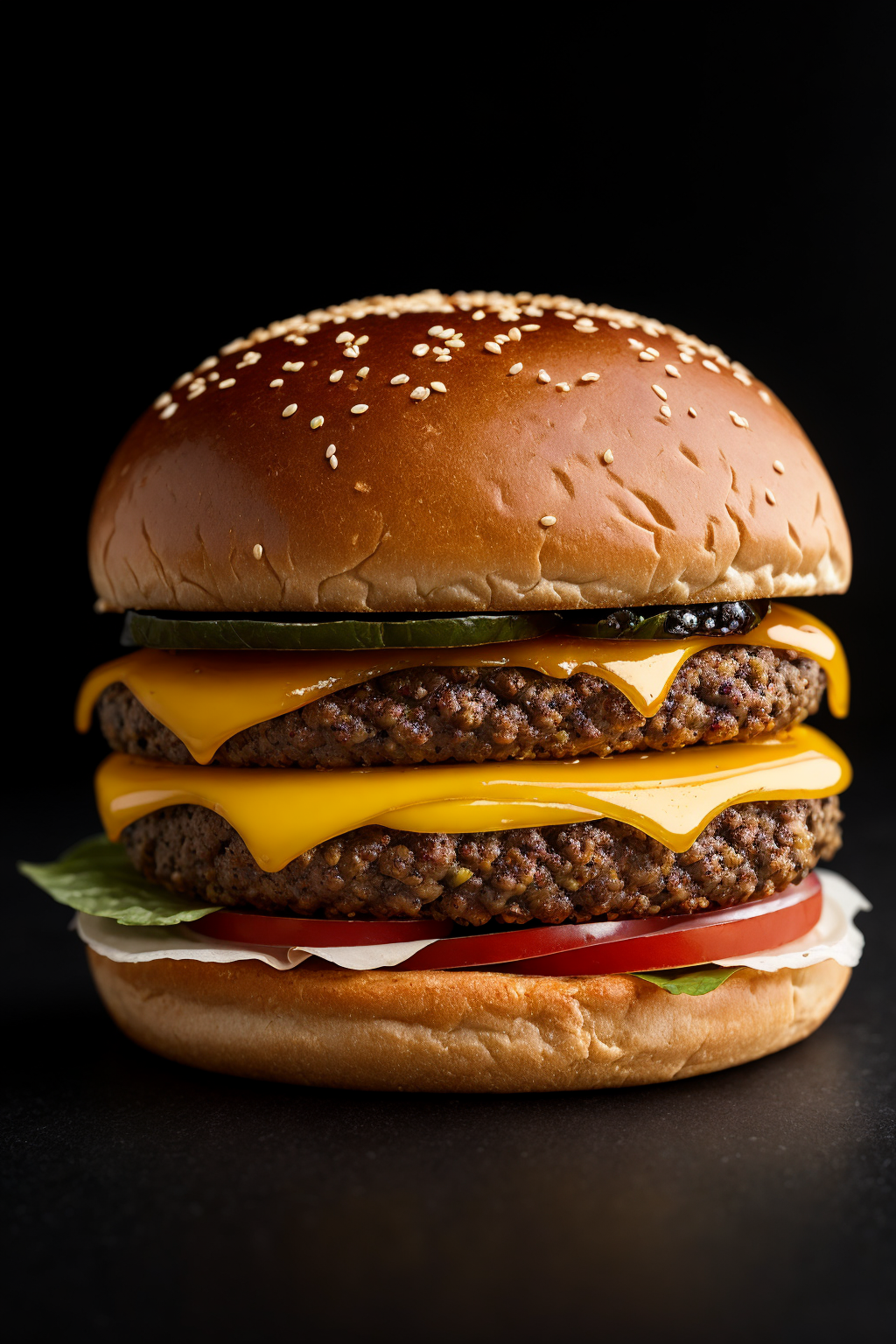 product shot of ultra realistic juicy cheeseburger against a dark background, two tone lighting, advertisement, octane, un...