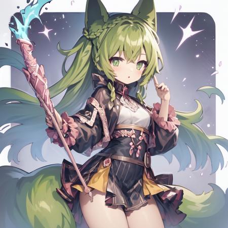 <lora:NeokisV2:1>
1girl, solo,
fox ears,((pink)(very long)(French braid) hair)(light green eyes)
wearing
(sorcerer outfit)