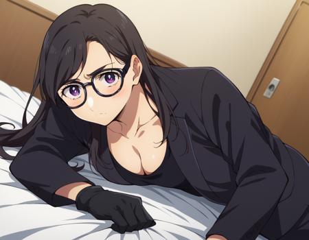 hizuru minakata, long hair, black hair, glasses, purple eyes, black-framed eyewear, shirt, gloves, cleavage, collarbone, jacket, black gloves, pants, black jacket, black shirt, black pants, formal, suit,