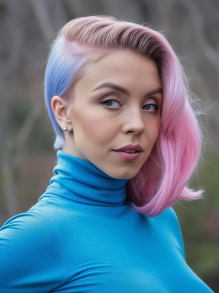 RAW candid cinema, (syds woman) portrait , interested , wearing (blue turtleneck:1.1), big breasts, (busty:1.1), (pink hair) , outdoors background
 <lora:SydneySweenyXLDogu:1>