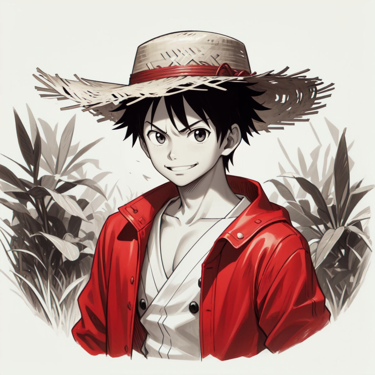 A cartoon character wearing a red coat and straw hat.