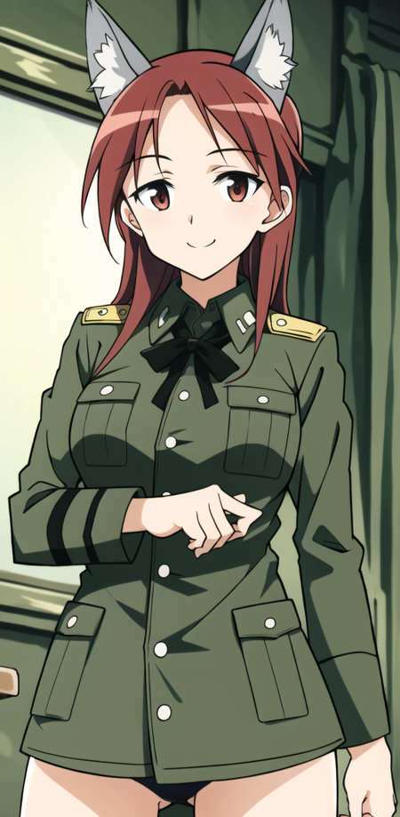 minna_dietlinde_wilcke, 1girl, solo, long hair, red eyes, underwear, panties, red hair, uniform, military, military uniform, jacket, green jacket, wolf ears, wolf tail, wolf girl, minna_dietlinde_wilcke, 1girl, solo, long hair, red eyes, underwear, panties, red hair, uniform, military, military uniform, origin military uniform, wolf ears, wolf tail, wolf girl,