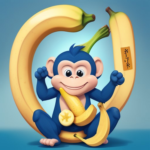 cartoon, A blue greedy monkey holding a yellow lightning shaped banana