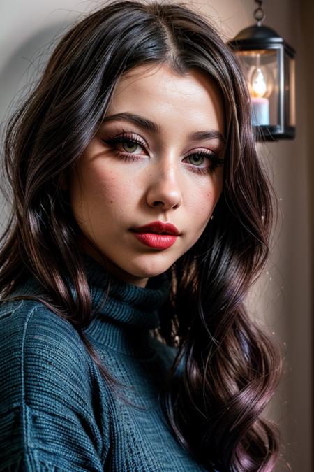 photo of (EPRbyH3xx:0.99), closeup portrait, perfect hair, (modern photo, Turtleneck Aran sweater layered under a slip dress with combat boots), 24mm, (analog, cinematic, film grain:1.3), ((time-traveling trinket repository, wall art/paintings,dresser,fairy dust, marble stone,leno weave tapestry,laminate, gas lanterns,candlelight, gobo lighting,fantasy, gradient:1.1)), ((detailed eyes)), ((eyeliner, long lashes)), (knees up), (epicPhoto), long eyelashes, (perfect waist), (painted lips)