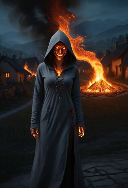 HavvoricFireDarkstyle, masterpiece, High Details, High Quality, HD, woman, grey long hooded tunic, fire Powers, Village burning in the background, evil laugh, dark, night