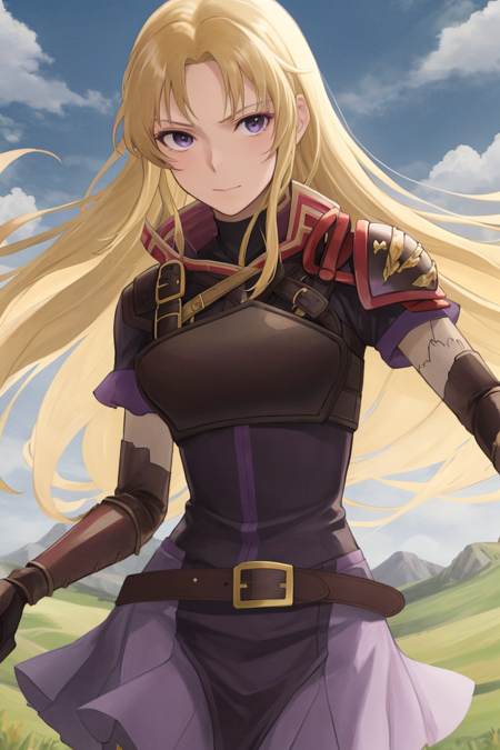 <lora:Clarisse_FE-08:0.85>  clarisse fe, 1girl, solo, looking at viewer, skirt, gloves, closed mouth, short sleeves, cowboy shot, outdoors, sky, black gloves, elbow gloves, belt, armor, blue sky, parted bangs, shoulder armor, purple skirt, breastplate