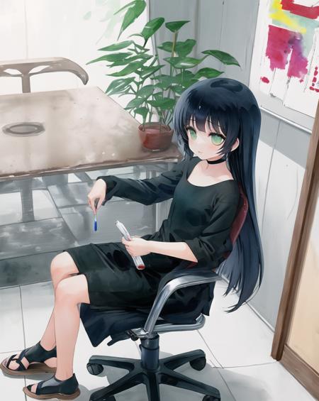 (PAsan), 1girl, solo, ink, sitting on chair, water color, green eyes
  <lora:bocchi_extract_conv01_linear0005:1>