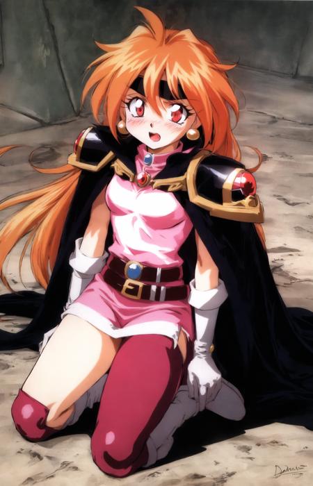 lina inverse, slayers, 1girl, solo, long hair, looking at viewer, blush, open mouth, bangs, red eyes, gloves, jewelry, sitting, full body, weapon, red hair, earrings, boots, belt, pants, sword, white gloves, cape, orange hair, armor, dated, kneeling, headband, white footwear, knee boots, shoulder armor, pauldrons, black cape, retro artstyle, 1990s \(style\), black headband <lora:90sv2.0R:0.6>