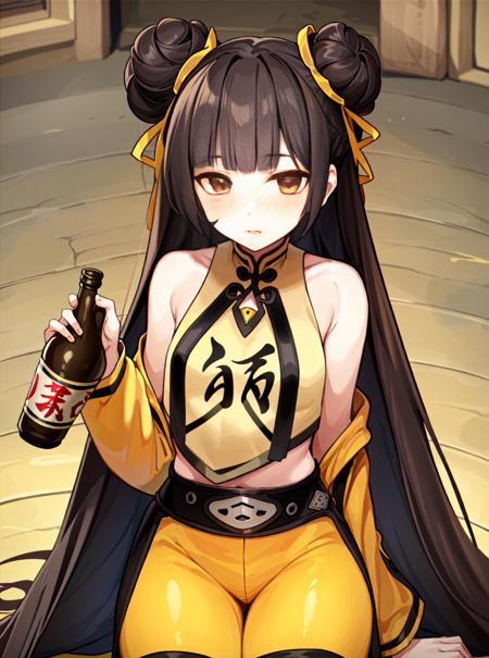 <lora:CHAR Li Dailin:0.8>, 1girl, yellow eyes, black brown hair, double bun, long hair, hair ribbon, yellow jumpsuit, solo, masterpiece, best quality, intricate details, lazy, holding sake bottle