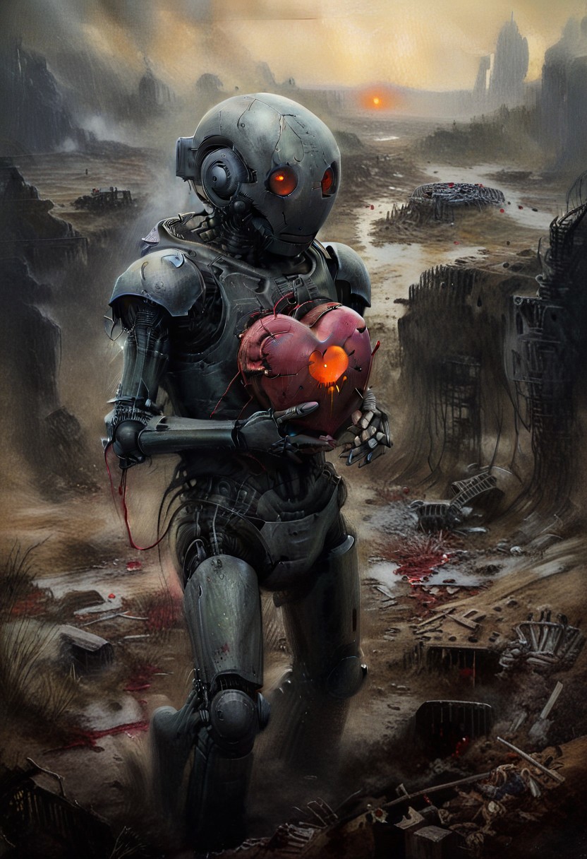 moody and dramatic oil painting of a cute round robot holding a bleeding human heart in an apocalyptic landscape in its hands, visible brushstrokes, atmospheric haze