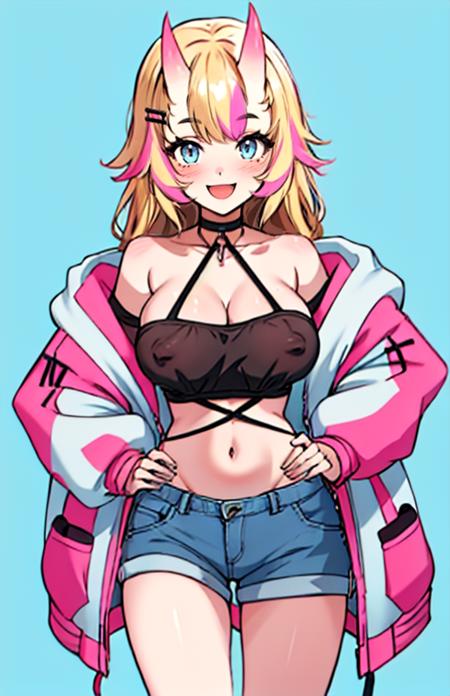 deva_vt,long hair, breasts,  blue eyes, blonde hair, large breasts, hair ornament, navel, collarbone, pink hair,  multicolored hair, horns, shorts, choker, streaked hair, halterneck,, denim, oni horns, 