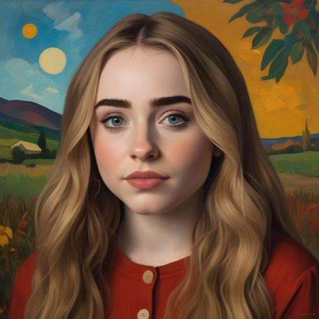 sabrina carpenter portrait in the style of gauguin, surrealist, pg rated
