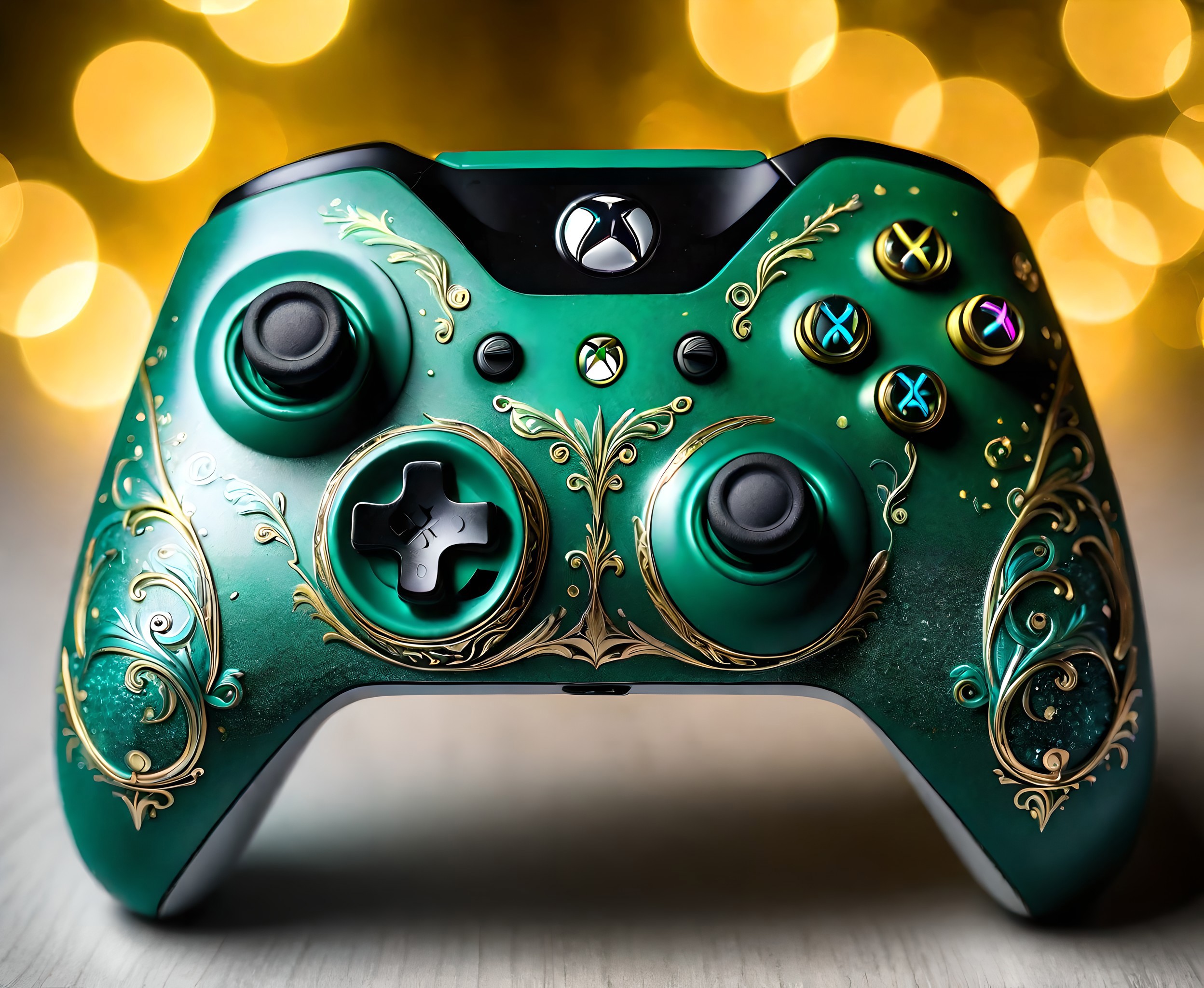 A green customized Xbox One controller with colored buttons and ornate designs.
