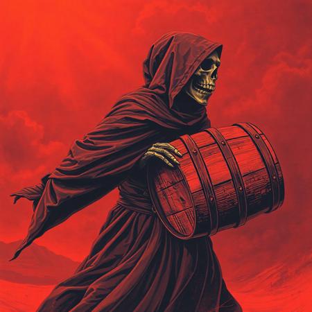 Dark art Side view of an cloaked ominous monk from the 70s-style pulp paintings is running fast while cradling a wooden whiskey barrel in his arms, The sky is red and otherworldy. The monks grinning skeletal face is barely visible. Duotone: Burnt orange and deep plum. Mood: Occult ritual meets 80's crinkled concertposter art style. Grim reaper, doom metal-style, gritty, desert ritual, tales from the crypt