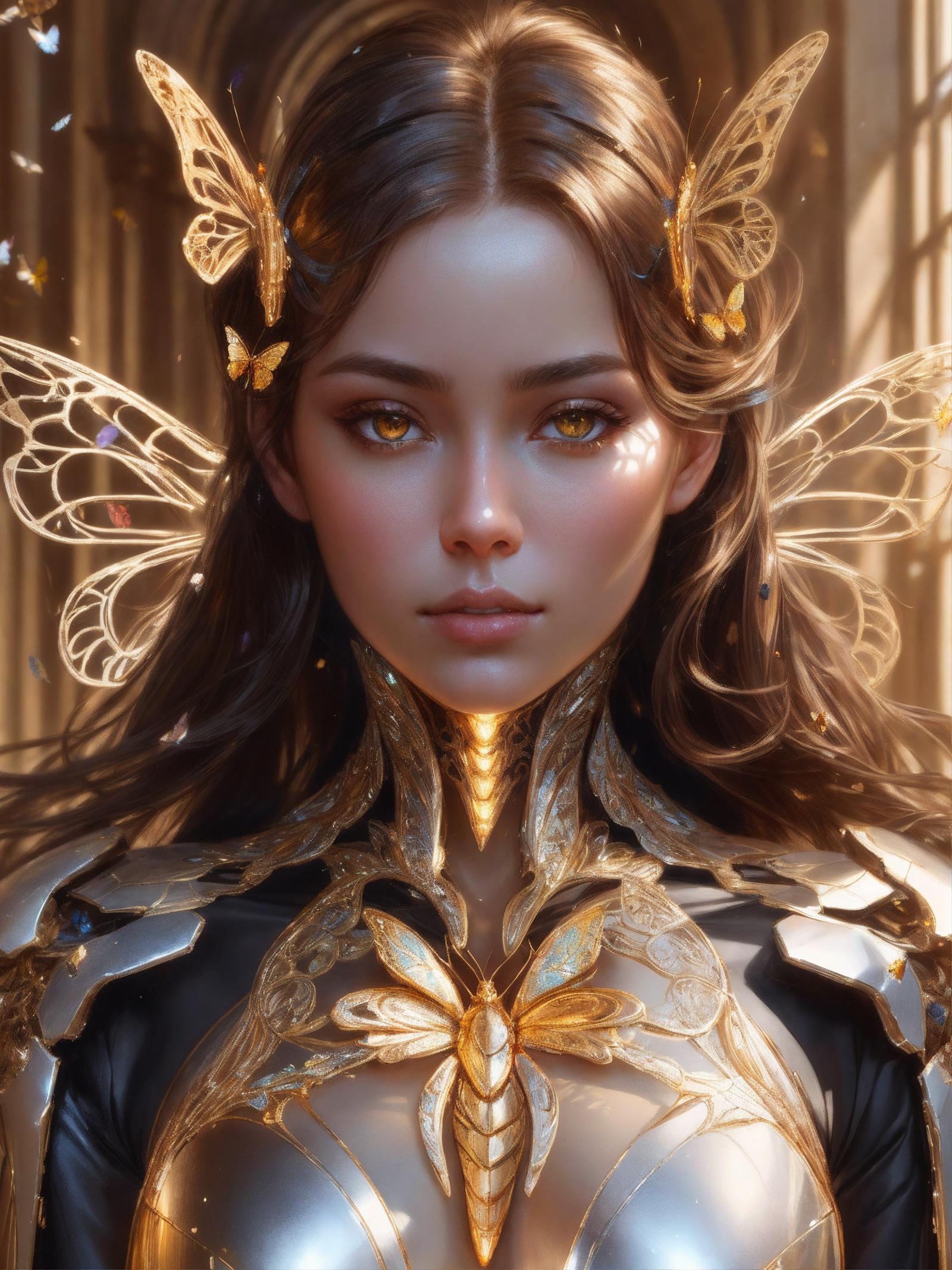 A digital painting of a woman with golden wings and butterfly wings.