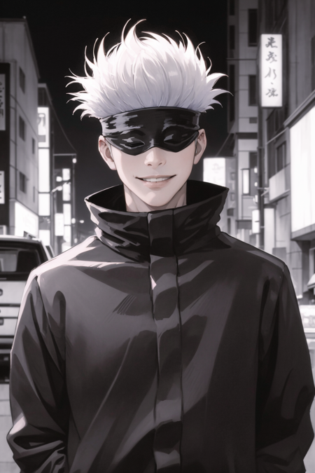 masterpiece, best quality, 1boy, gojou satoru, white hair, short hair, blindfold, smile, black jacket, high collar, upper body, solo, looking at viewer, outdoors, night,  night light, tokyo street background <lora:Gojo:1>