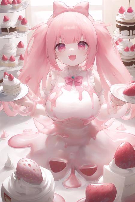 (sticky mellow slime musume:1.5) , (pink and white skin:1.5) , (sticky mellow slime musume:1.5) , (pink and white skin:1.5) ,liquid, many wet, masterpiece, best quality,((solo)), (pink and white skin:1.3) ,(cake, cream, strawberry:1.5) , young girl ,melt girl, A pink and white slime girl, on the ground , (((pink and white skirt))) , magical girl , intricate details clothes, gorgeous, hair bow, strawberry_on_head, pink and white slime face, (:D) ,(happy:1.15) , colored skin, monster girl, pink and white skin , pink eyes, twin Tails ,white hair , (fringe:1.2), (bangs:1.35) , shiny hair, big breasts ,
/////
(cake, cream, strawberry:1.3) ,