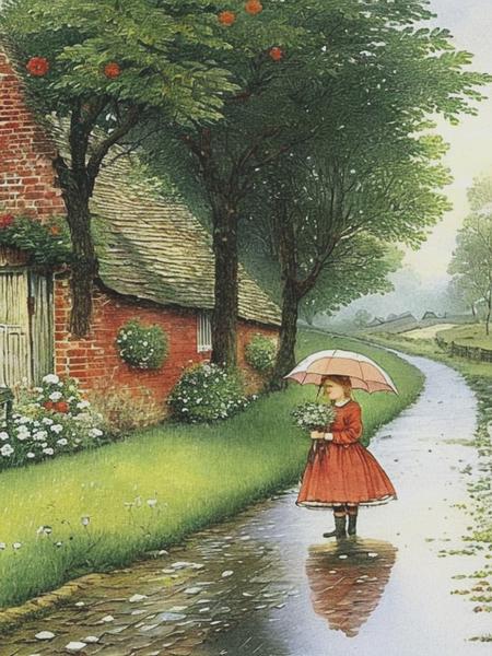 <lyco:KateGreenaway:1.0> Flowers bloomed after a drizzling rain falls, Farm is exceptionally quiet. No more noise had passed on the road. Bunny wears a dress walked alone on the street. Kate Greenaway