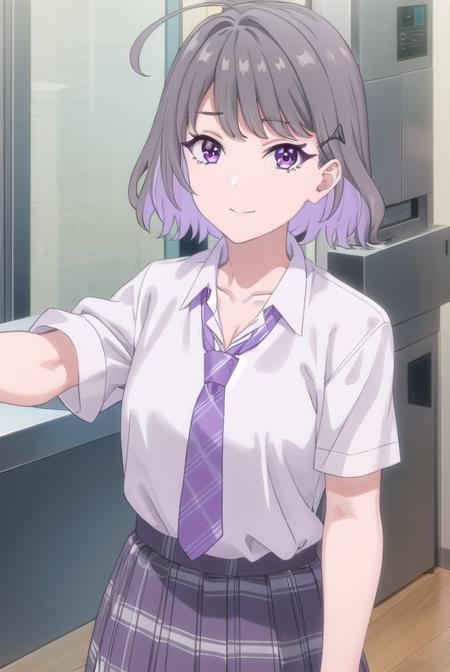 akaritanikita, <lora:akari tanikita s1-lora-nochekaiser:1>,
akari tanikita, short hair, bangs, (purple eyes:1.1), grey hair, multicolored hair, ahoge, smile,
BREAK skirt, shirt, school uniform, white shirt, short sleeves, pleated skirt, necktie, shoes, choker, socks, striped, collared shirt, black footwear, blue skirt, plaid, black choker, plaid skirt, black socks, sneakers, purple skirt, shirt tucked in, striped necktie, purple necktie,
BREAK indoors, classroom,
BREAK looking at viewer, (cowboy shot:1.5),
BREAK <lyco:GoodHands-beta2:1>, (masterpiece:1.2), best quality, high resolution, unity 8k wallpaper, (illustration:0.8), (beautiful detailed eyes:1.6), extremely detailed face, perfect lighting, extremely detailed CG, (perfect hands, perfect anatomy),