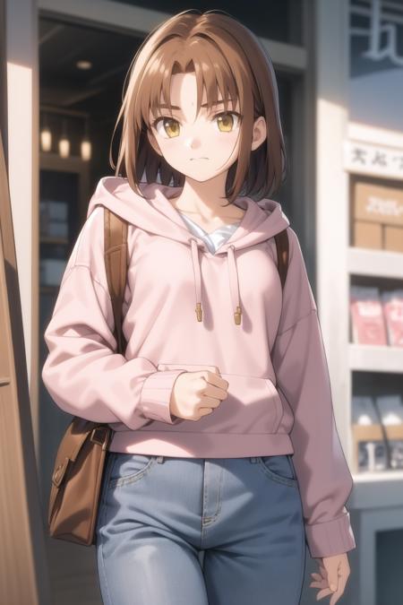 <lora:mitsuzuri-000016:1> mitsuzuri, hoodie, pink hoodie, jeans,
1girl, solo, shop, peaceful