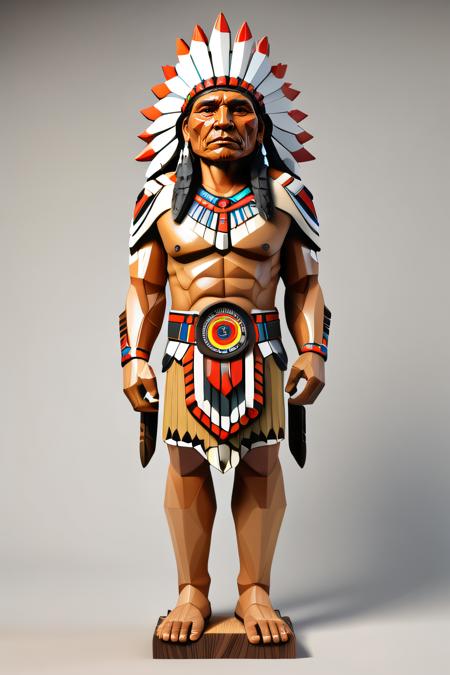 the Cherokee Chief made of polygons, wooden legs, branch arms, close up, carved totem, highly detailed, photo realism