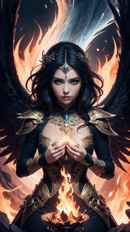 (1girl), (fantasy style:1.2), (high quality:1.3), (best quality:1.3), (masterpiece:1.3), official art, official wallpaper, 4k textures, epic(1.5), (phoenix woman), blackphoenix, black hair, (detailedfeathers), (fierywings), aggressivepose, midflight, (detailedplumage), glowingeffects, darkbackground, fire, flames, dramaticlighting, fireandicecontrast, (detailed:1.05), (extremely detailed:1.06), sharp focus, (intricate:1.03), (extremely intricate:1.04), (epic scenery:1.09), soothing tones, hdr, (beautiful scenery:1.08), (detailed scenery:1.08), (intricate scenery:1.07), (wonderful scenery:1.05), (beautiful face:1.1), [perfect eyes:0.8], [perfect skin:0.8], [detailed face:0.8], [detailed eyes:0.8], [detailed hair:0.9], [detailed lips:0.8],