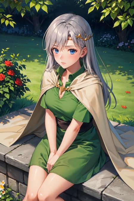 masterpiece, best quality, trsalicia, grey hair, medium breasts, circlet, green shirt, green dress, cape, sitting, garden, from above, blushing <lora:trsalicia-nvwls-v1-000009:0.9>