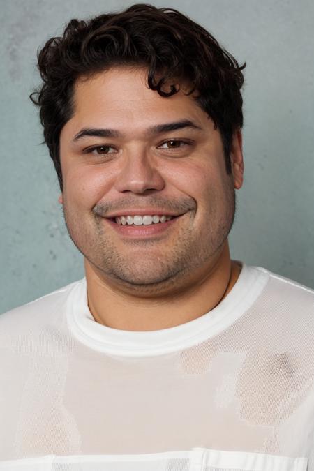 headshot of harvey guillen, smile, plain bright pastel background, white shirt <lora:HarveyGuillenLora:1>