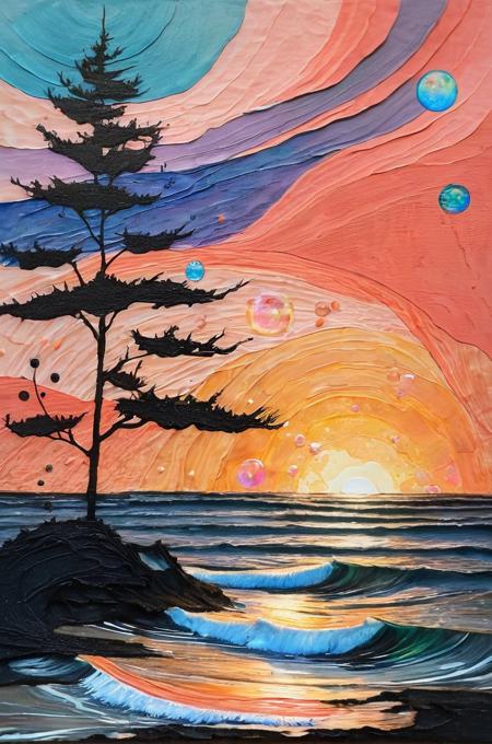 multi layer abstract,style of Charcoal and conte drawing,raised brush,minimal and abstract,background of textured paper,abstract expressionism,thick brush,highly irregular random strokes,irregular,complex,composite,collage tree and Mount,
landscape/scenery,walking,waves,wind,(((glistening light of waves))),(detailed sunset glow),(floating flow),((coral)),(Luminous),coast,(floating colorful bubbles),beautiful detailed sky,(fluorescence),detailed shadow,(conch),beautiful detailed water,starfish,meteor,rainbow,(seabirds),(glinting stars),(glowworm),(splash),detailed cloud,shell,(fireworks),(((masterpiece))),(((best quality))),((ultra-detailed)) . Composed entirely of small,distinct dots of color,vibrant,highly detailed,