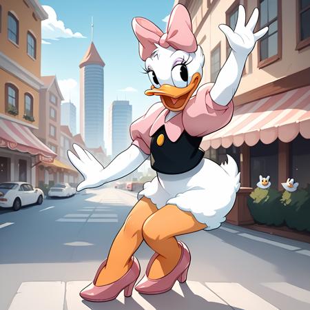 daisyduck, white plumage, white feathers, orange legs puffy sleeves, short pink sleeves, black shirt, pink stiletto heels