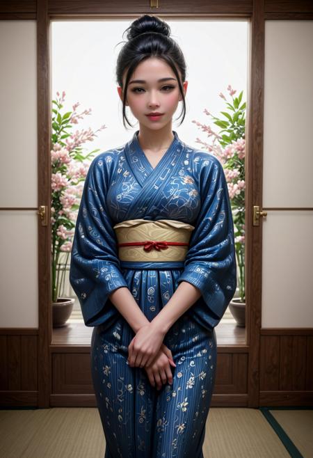 score_9, score_8_up, score_7_up,  1girl (medium full shot) of (captivating young woman:1.1) japanese geisha, black hair, hairbun,  brown eyes, petite,             (wearing a stunning yukata kimono with lightweight cotton and casual design, adorned with playful patterns and youthful colors), elaborate red beni lipstick, lacquer kago basket with bamboo and rattan carried on her shoulder, happy, stretching, set in Edo era, in a  Geisha House, Elegant interior with silk draperies, intricately decorated sliding doors, low dining tables surrounded by cushions, delicate floral arrangements, glimpse of cherry blossoms from the window , at sunset ,Masterpiece,best quality, photorealistic, amazing quality, very aesthetic, extremely detailed face,