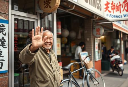 realistic, grainy photo, full body image, smiling old Asian man waving from from inside the store, the store has a sign that says "FONGS" , its daytime, there's a bicycle parked near the store and people inside, the street is visible in the photo, image taken from outside