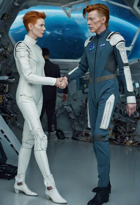 2 person holding hands, masterpiece, ultra realistic, professional photography, intricate details, young beautiful Tilda Swinton in futuristic suit, young beautiful David Bowie, alien space station background, soft dim natural lighting, sterile