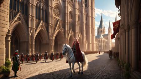 from_above,medieval city street,yuukananri,a female knight wearing a red cape and plate skirt armor,green eyes,riding a snow white horse,the scene shows her walking down a cobblestone street,(a massive Gothic cathedral visible in the distance),realistic movie style,highly detailed textures of her armor and the cobblestones,the red cape flowing in the wind,sunlight casting dramatic shadows,cinematic lighting,middle distance shot,bird's-eye view,back view,the city is alive with medieval architecture,people in the background,intricate cathedral façade,vibrant colors,detailed atmosphere,dynamic composition,epic atmosphere,adventure mood,(masterpiece:2),(best quality:1.1),ultra highres,original,extremely detailed,perfect lighting,<lora:MJ52_v2.0:0.5>,<lora:detailed_notrigger:1>,
