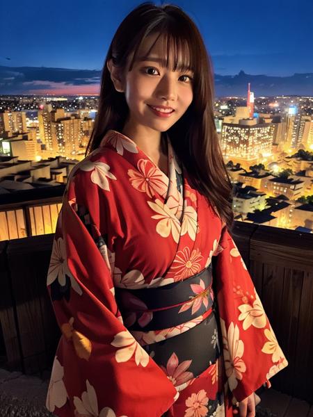 1girl,(japanese clothes, kimono, floral print, red kimono,  print kimono,  sash, wide sleeves, obi),(on a hill overlooking a city:1.4),(RAW photo, best quality), (realistic, photo-realistic:1.4), masterpiece, an extremely delicate and beautiful, extremely detailed, 2k wallpaper, Amazing, finely detail, extremely detailed CG unity 8k wallpaper, ultra-detailed, highres, soft light, beautiful detailed girl, extremely detailed eyes and face, beautiful detailed nose, beautiful detailed eyes,cinematic lighting,city lights at night,starry sky,perfect anatomy,slender body,light smile,<lora:Saika_Kawakita_v10:0.8>