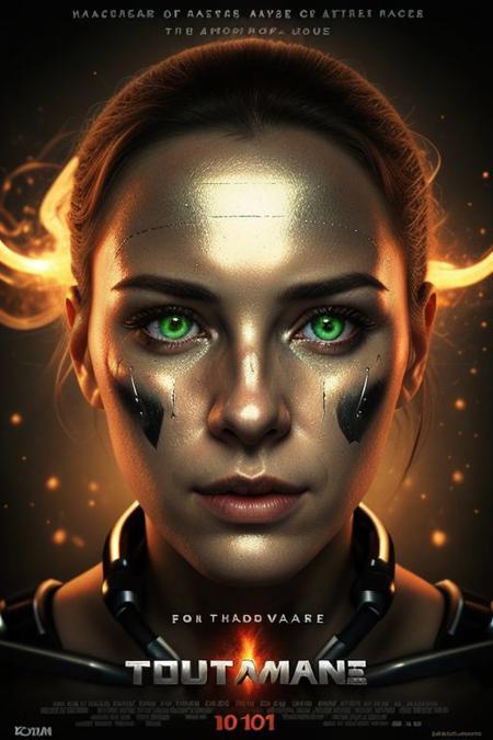 movieposter, Close-up portrait of a stoic female android with a weathered, metallic face. Deep-set green eyes glow faintly with a red inner light, hinting at her advanced AI. Her strong jawline and prominent cheekbones are accentuated by cybernetic enhancements embedded beneath the metallic skin. The corner of her lip is slightly raised in a barely perceptible smirk, suggesting hidden processing power. Cinematic lighting with dramatic shadows highlighting the details of her face. Hyperrealistic style, detailed metallic textures, inspired by the Terminator franchise. cinematic Impressionism, masterpiece layout design, cinematic cloud of red smoke font design, movie poster design , 100 shade of Darkness Horror Movie