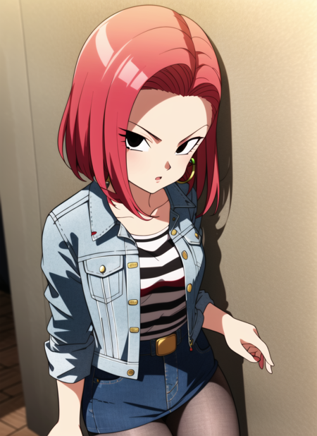 dbsuper style,
android18 hair, 1girl, red hair, black eyes, denim, denim jacket, denim skirt, denim vest, earrings, jacket, jeans, jewelry, pants, pantyhose, skirt, solo, striped sleeves
, ((masterpiece))
<lora:dbsuper_style_offset:1>